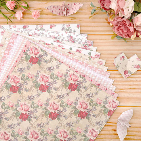 Whaline 12 Designs Spring Pattern Paper 24 Sheet Rose Floral Scrapbook Paper Pink Double-Sided Collection Decorative Craft Paper Folded Flat for C...