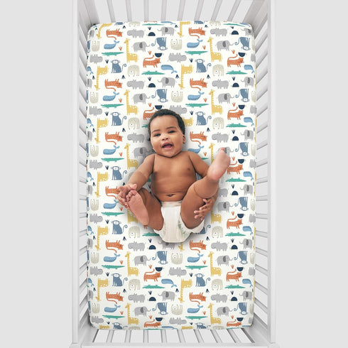 Carter's Colorful Modern Safari Animals Super Soft Mini Crib Fitted Sheet, Orange, Green, Blue, Grey...
