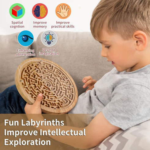 Round Wooden Labyrinth Board Game - Marble Maze for Education and Fun, Toddler Activity Board, Brain Teaser Puzzle Logic Game with Two Metal Balls...