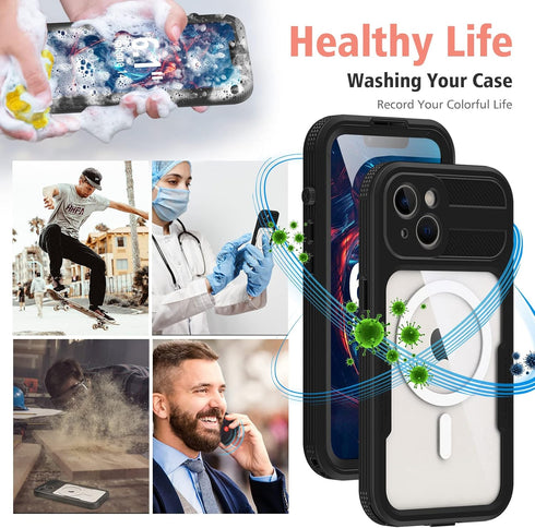 iPhone 14 Waterproof Case, IP68 Full-Body Rugged Protective Shockproof Cover with Clean Sound, Compatible with Support MagSafe Magnetic Wireless C...