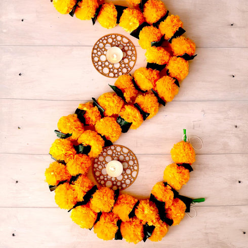 5 PC - 4.5 feet Marigold Garland with Green Leaves |Indian/American Wedding Party Mantle Decoration, Faux Garlands Wedding Garland, Diwali Decorat...