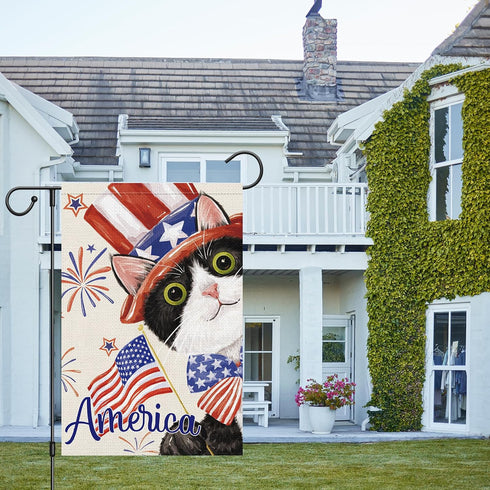 4th of July Patriotic Black Cat Garden Flag 12x18 Inch Double Sided, America Independence Day Flag Memorial Day Firework Yard Banner for Outdoor H...