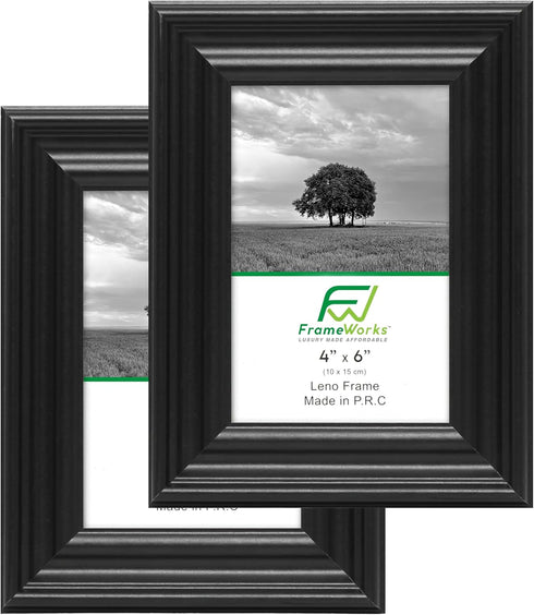 FrameWorks - 2-Pack - 4” x 6” Black Wooden Picture Frames with Luxury Wide Molded Edges and Tempered Glass...