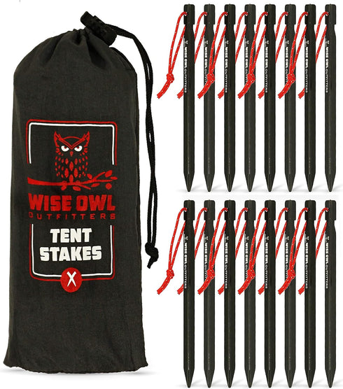 Wise Owl Outfitters Tent Stakes - Heavy Duty Camping Stakes for Outdoor Tent & Tarp - Essential Camping Accessories, Available in 12pk or 16pk Bla...