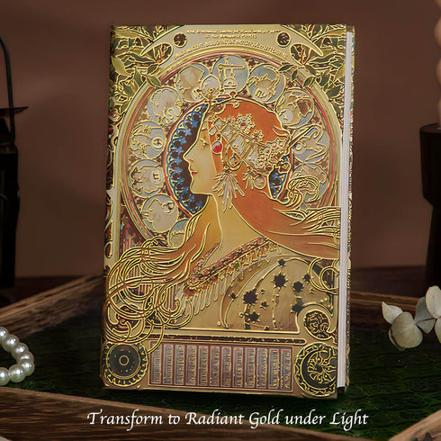 Exclusive Personal Journal for Women, Gilded Hardcover Notebook, 256 Full Color Pages, 5x7 Small Fancy Notebook, Alphonse Mucha Zodiac, Unique Gif...