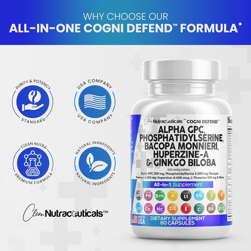 Clean Nutraceuticals Alpha GPC Choline 300mg Phosphatidylserine 3000mg Bacopa Monnieri 6000mg Ginkgo Biloba 2000mg Huperzine A 400mcg Supplement w...