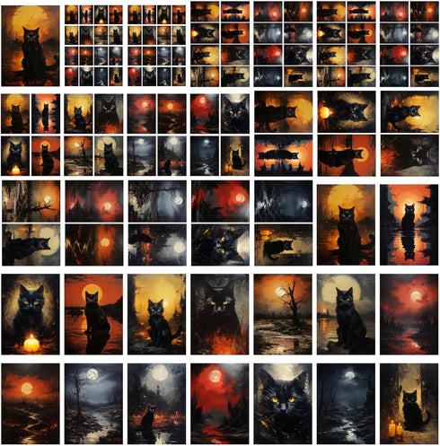 Decoupage Paper Pack (35 Sheets 6"x8") Witchy Black Cats on Halloween in Spooky Cities FLONZ Vintage Illustration Pictures Cards for Decoupage, Cr...