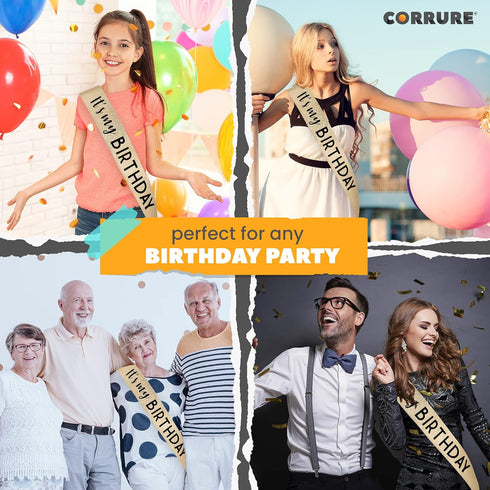 CORRURE 'It's My Birthday' Sash Glitter with Black Foil - Gold Glitter Birthday Sash for Women and Men - Happy Birthday Sash for Girls, Sweet 16, ...