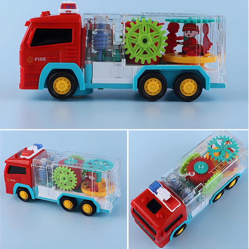 Light Up Sensory Car Toy for Kids,Transparent Gear Fire Truck Toy with Colorful Moving Gears Music and Lights Effects,Educational Tummy Time Toys ...