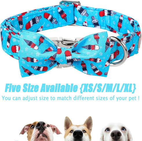 Dog Collars with Bow Tie,Summer Blue ice Cream Star Dog Collar with Safety Metal Buckle Adjustable Puppy Collars for Small Medium Large Dog,Flag B...