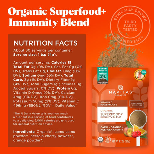 Navitas Organics Superfood+ Immunity Blend (Camu + Orange + Acerola Cherry), 30 Servings — Organic, Non-GMO, Vegan, Gluten-Free, Keto & Paleo, 4.2...