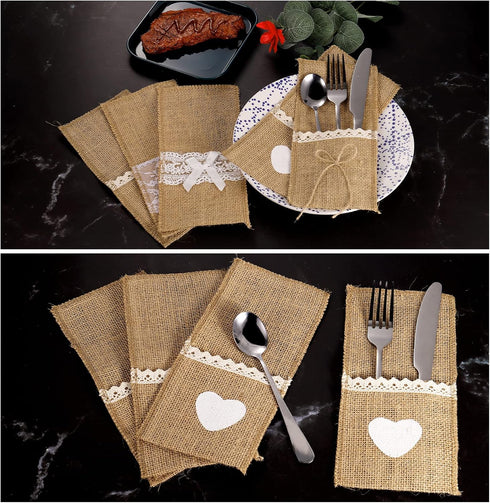uxcell Burlap Lace Utensil Holders, 20Pcs Knife Forks Napkin Silverware Holder Bag Cutlery Pouch for Wedding Dinner Decor...