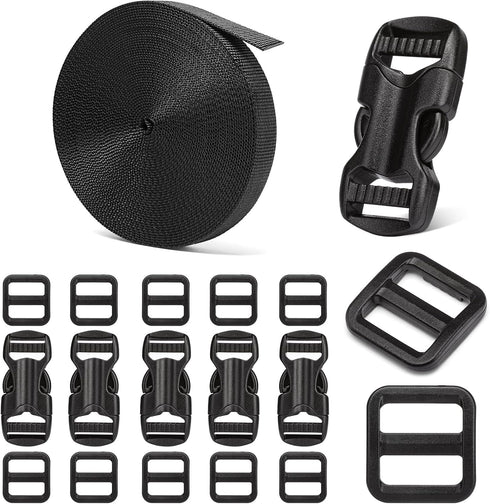 5/8" Buckle and Strap Set: 6 Yards of Thick Nylon Webbing, 6 Pack Quick Side Release Adjustable Plastic Buckles, 12 Tri-Glide Slide Clips, Black (...