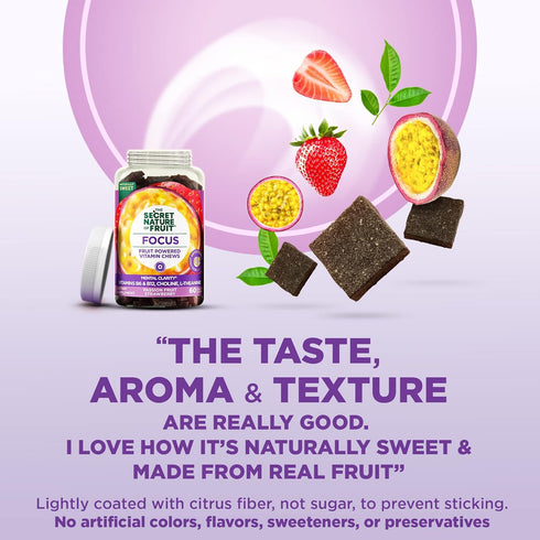 The Secret Nature of Fruit Focus Chews, Real Fruit Powered Vitamin Chews with Vitamins B6 & B12, Choline, L-Theanine, Passion Fruit & Strawberry f...