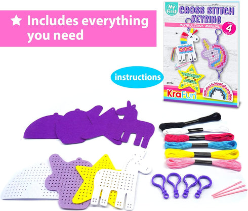 KRAFUN Cross Stitch Kits for kids Beginners, 4 Unicorn Cross Stitching Keyrings Arts & Crafts, Needlepoint Embroidery Kit for Girls 5-13 Craft Kit...