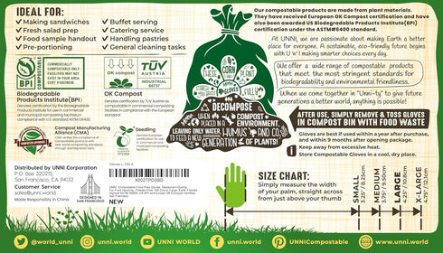 UNNI Compostable Food Prep Gloves, Restaurant-Quality, For Food Handling, Powder-Free, 100 Count, Medium, Earth Friendly Highest ASTM D6400, US BP...