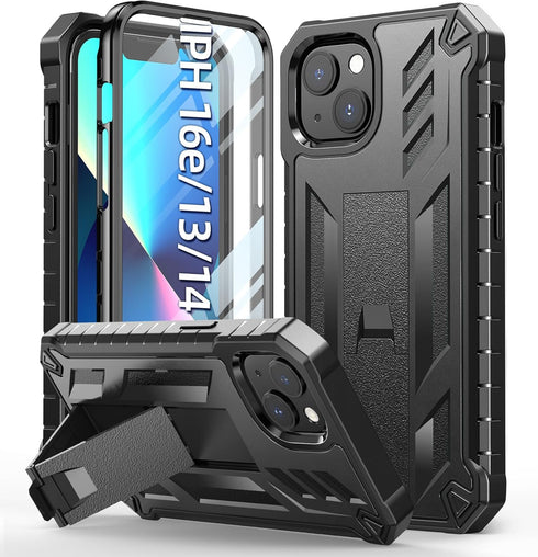 for iPhone 13/14 Protective Case: for iPhone 16e Cover with Built-in Kickstand | Heavy Duty Military Grade Hard Protection Shock Proof | Durable D...