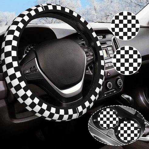 Black and White Checkered Steering Wheel Cover Rubber Anti-Slip 14.5-15 Inch Universal Steering Wheel Cover with 2 Pieces Car Coasters Suitable fo...
