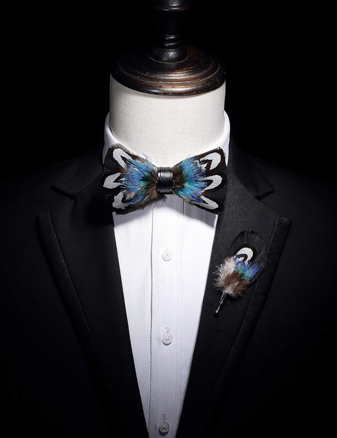 RBOCOTT Handmade Feather Pre-tied Bow tie and Brooch Sets for Men...
