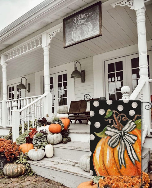 Fall Garden Flag 12x18 Inch Double Sided, Pumpkin with Bowknot White Dots Small Yard Flags for Outdoor,Seasonal Decor for Thanksgiving Autumn Farm...