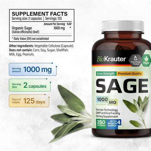 BIO KRAUTER Sage Supplement Capsules 1000 mg - 250 Vegan Caps - Supplement with Salvia Officinalis - Immune & Digestive Support - Rich in Antioxid...