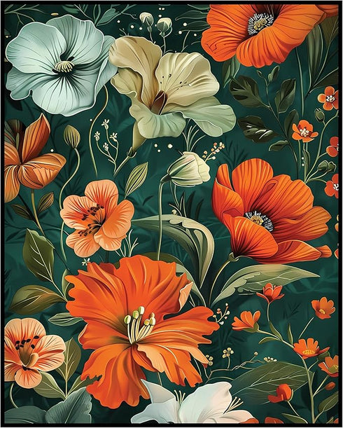 Posterizer 1 pcs-red orange flowers with green background-Floral & Botanical Art-Abstract & Modern Art-Decor for Home & Office- UNFRAMED Wall Art...