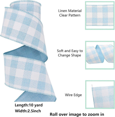 2.5 Inch Wired Edge Burlap Ribbon, Blue Gingham Plaid Checked Ribbons, Easter Ribbons Summer Spring Wired Ribbon,for Gift Wrapping, Wreath, Crafts...