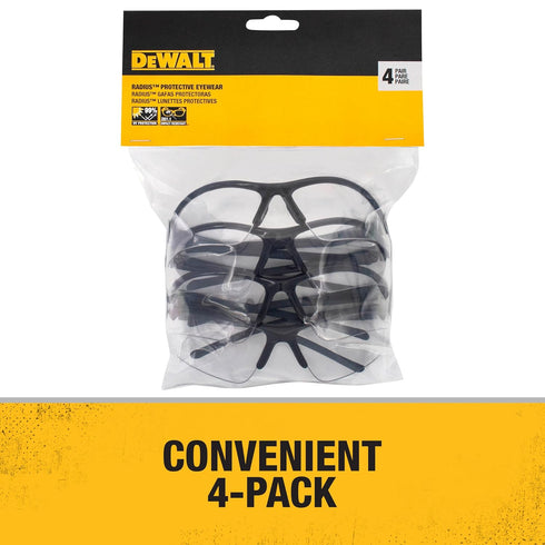 DEWALT DPG51 Radius Unisex Half Frame Protective Eyewear, Black Frame Clear Lens - 4 Pack...
