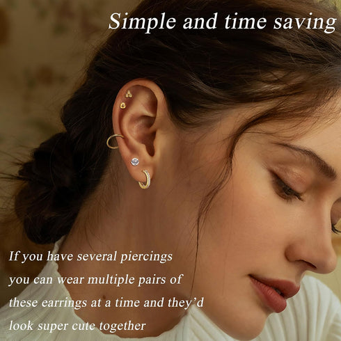 LOYALLOOK 28Pcs 14K Gold Plated Cartilage Stud Earrings and Hoops Set Stainless Steel Conch Helix Tragus Flatback Stud Earrings Dangle Chain Huggi...