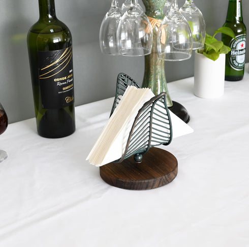 OwlGift Freestanding Modern Napkin Holder w/Golden Turquoise Wrought Iron Leaf & Brown Wooden Base Design, Tabletop Tissue Dispenser, Napkin Stora...