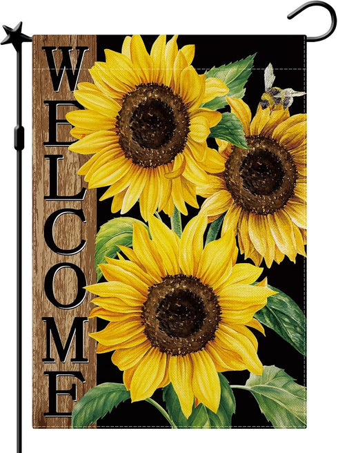 Sunflower Garden Flag, Sunflower Welcome Garden Flag, Sunflower Black Garden Flag Spring Summer Vertical Double Sided Burlap Party Holiday Yard Ho...