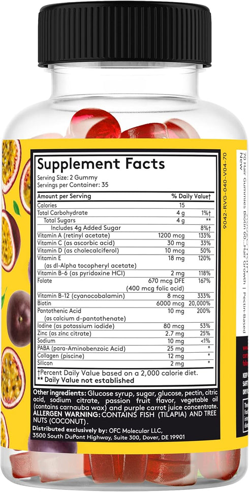 70 Hair Gummies Biotin 6000mcg Collagen Silicon PABA & Multivitamins | Hair Skin and Nails Vitamins Gummy for Women | B Complex Folic Acid 400mcg ...