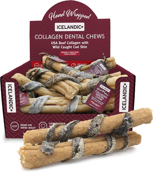 Icelandic+ Beef Collagen Dental Chew Stick Wrapped with Fish 8" Dog Treat...