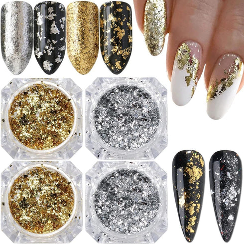 Holographic Nail Foil Glitter Flakes 3D Sparkly Aluminum Foil Flake Gold Silver Nail Glitter Foil Flakes Nail Art Supplies Mirror Powder Sequins N...