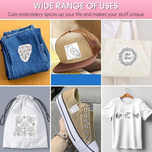 192Pcs Hand Embroidery Patterns, Water Soluble Embroidery Patterns with Pre-Printed 26Letters,Flower,Mushrooms,Butterfly,Puppy,Cat for Hand Sewing...