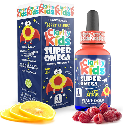 Clarity Kids Super Omega with DHA + EPA Omega 3 for Better Focus & Quality Sleep Algae Oil Omega 3 Liquid (1 mL per Serving) All Natural DHA Drops...