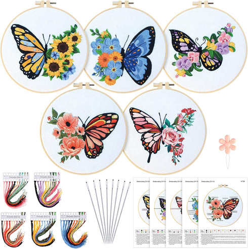 Yinder 5 Sets Embroidery Beginners Kit with Butterfly Flower Patterns and Instructions Cross Stitch Kits for Starter DIY Adult Kids Butterfly Patt...