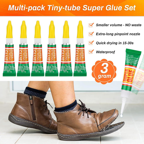 3g X 6 Pack Super Glue for Single Use, Super Fast Strong Adhesive Cyanoacrylate Glue with Anticlog Cap. for Micro Precising Controlled Jewelry Rep...