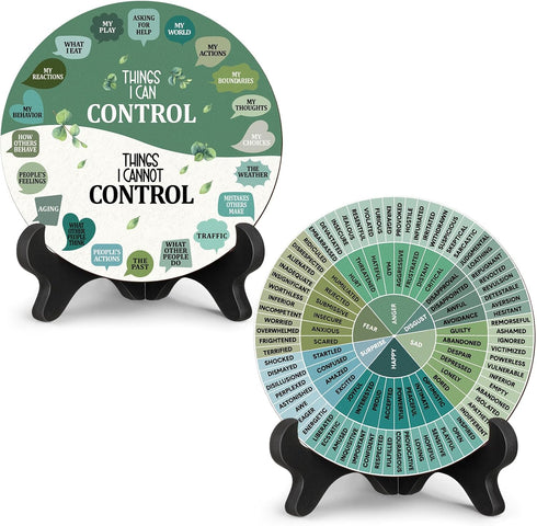 2 Pcs Things I Can Control Therapy Office Desk Decor with Black Base Calming Emotions Wheel Chart Mental Health Decor Feelings Psychology Decor fo...