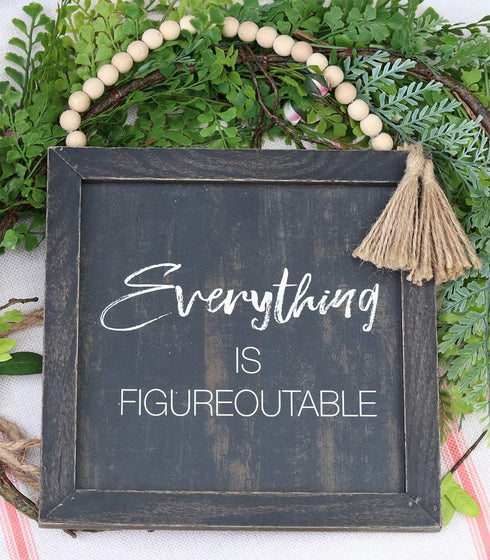 Parisloft Everything Is Figureoutable Framed Wall Sign With Bead String Hanger, Rustic Farmhouse Wood Hanging Decor, Black...