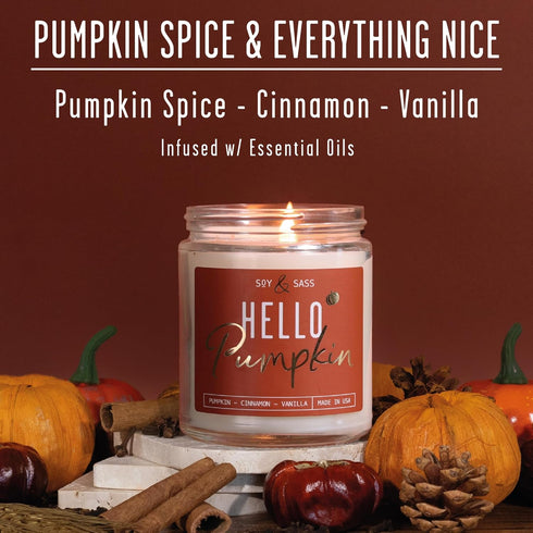 Fall Candles, Pumpkin Candle - 'Hello Pumpkin' Soy Pumpkin Spice Candle I Infused with Essential Oils I Fall Candle Decor, Fall Scented Candle I 9...