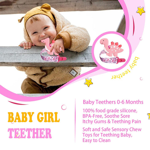 1 Soft Dinosaur Teether for Babies and 1 Baby Pacifier Clip, Valentines Day Gifts for Baby Girl Boy,Silicone Chew Toys for Baby (Grey Dinosaur)...