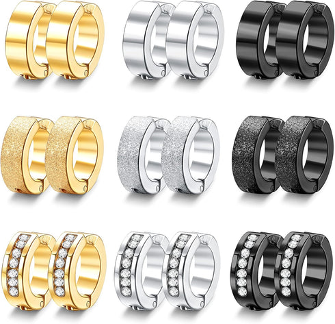 FIBO STEEL 9 Pairs Non-Piercing Earrings Stainless Steel Clip On Hoop Earrings For Men Women Paved CZ Ear Clip...
