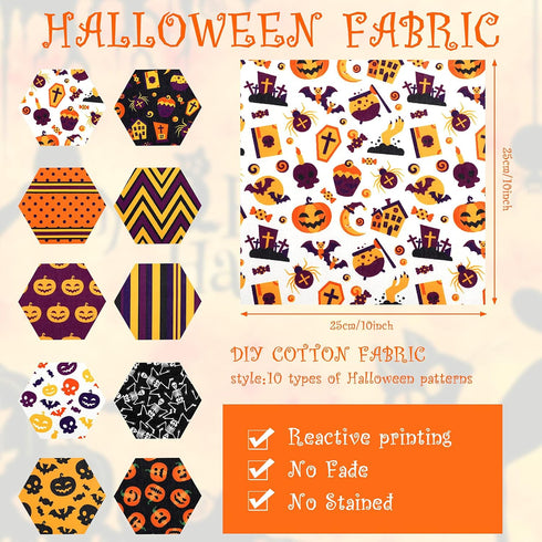 20 Pieces 10 x 10 Inch Halloween Fabric Quilting Bat Pumpkin Skull Print Patchwork Squares Craft Bundle Mixed Pattern Fabric Halloween Theme Decor...