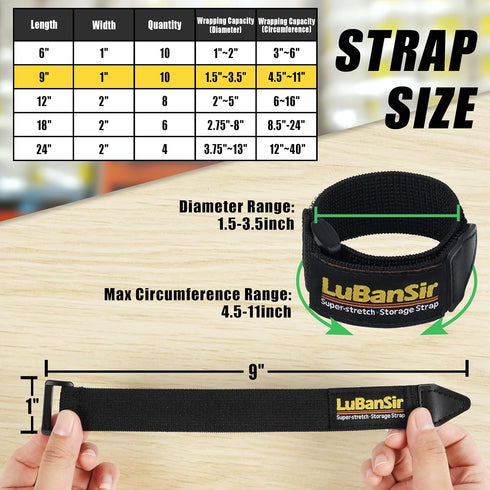 LuBanSir Cinch Straps, 1" x 9" (10 Pack) Elastic Hook and Loop Fastening Cable Strap for Extension Cord, Cable, Cord Wrap and Hose Organization an...