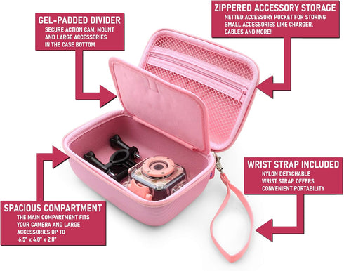 CASEMATIX Camera Travel Case Compatible with PROGRACE, Ourlife, Dragon Touch and More Waterproof Toy Camera Video Recorders - Pink Case for Toy Ac...