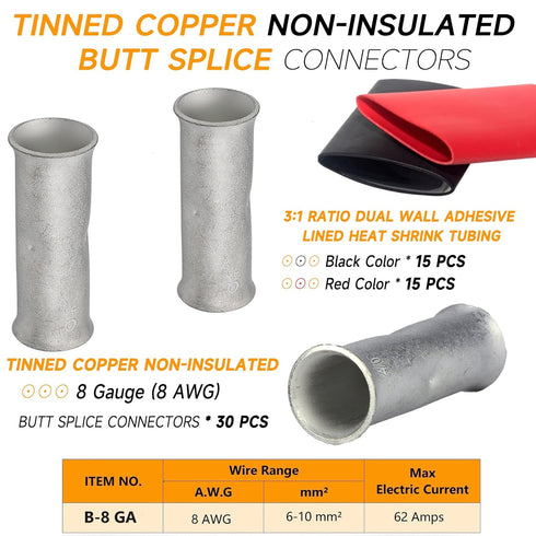 8 Gauge Butt Splice Connectors 30 PCS 8 AWG Non-Insulated Butt Connectors Uninsulated Crimp Wire Butt Connectors Tinned Copper Marine Grade Crimp ...
