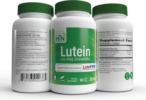 Health Thru Nutrition Lutein 20mg with Zeaxanthin 4mg | Marigold Extract in Nature Identical 5:1 Ratio | Supports Healthy Eye, Skin and Brain Func...