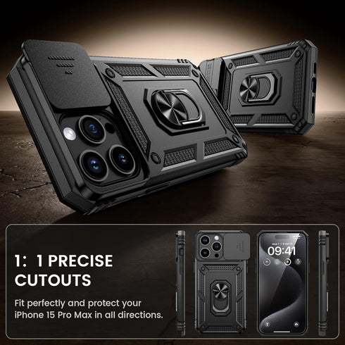 Goton for iPhone 15 Pro Max Case with Screen Protector - Slide Camera Cover Protective Phone Case with Ring Stand, Heavy Duty Shockproof Rugged Bu...