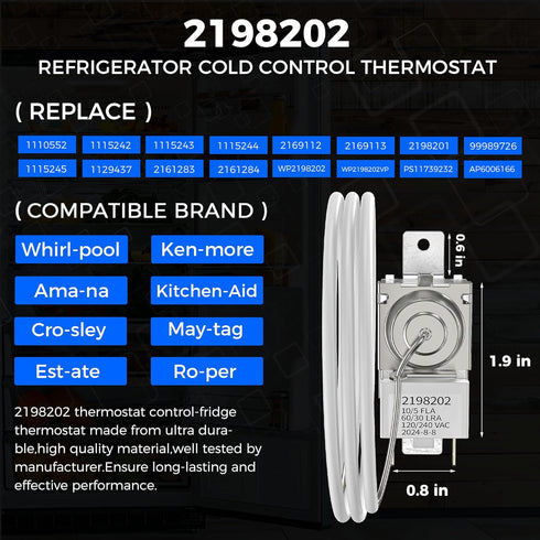 Romalon 2198202 Refrigerator Cold Control Thermostat Exact Compatible for WhirlPool Kenmore Refrigerator Replaces Part 2161284 2198201 PS11739232 ...
